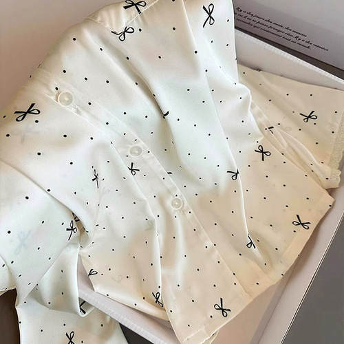French light luxury high face value ins bow knot dot gold style ice silk lace long sleeve pants pajamas wholesale