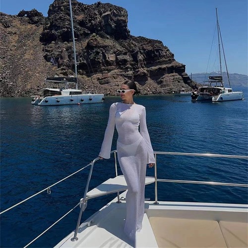 Round Neck Beach Sunscreen Long-Sleeve Backless Dress Summer European and American Long-Sleeve Sexy Backless Dress