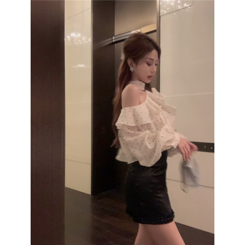 法式温柔风斜肩波点荷叶边衬衫女装夏季小众百搭洋气上衣|undefined