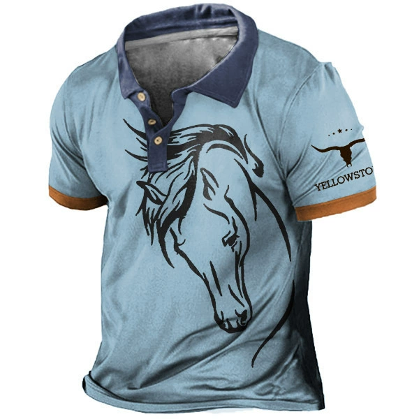 Мужская рубашка-поло для гольфа с 3D-принтом черной лошади и головы быка, популярный повседневный трехцветный топ с короткими рукавами.