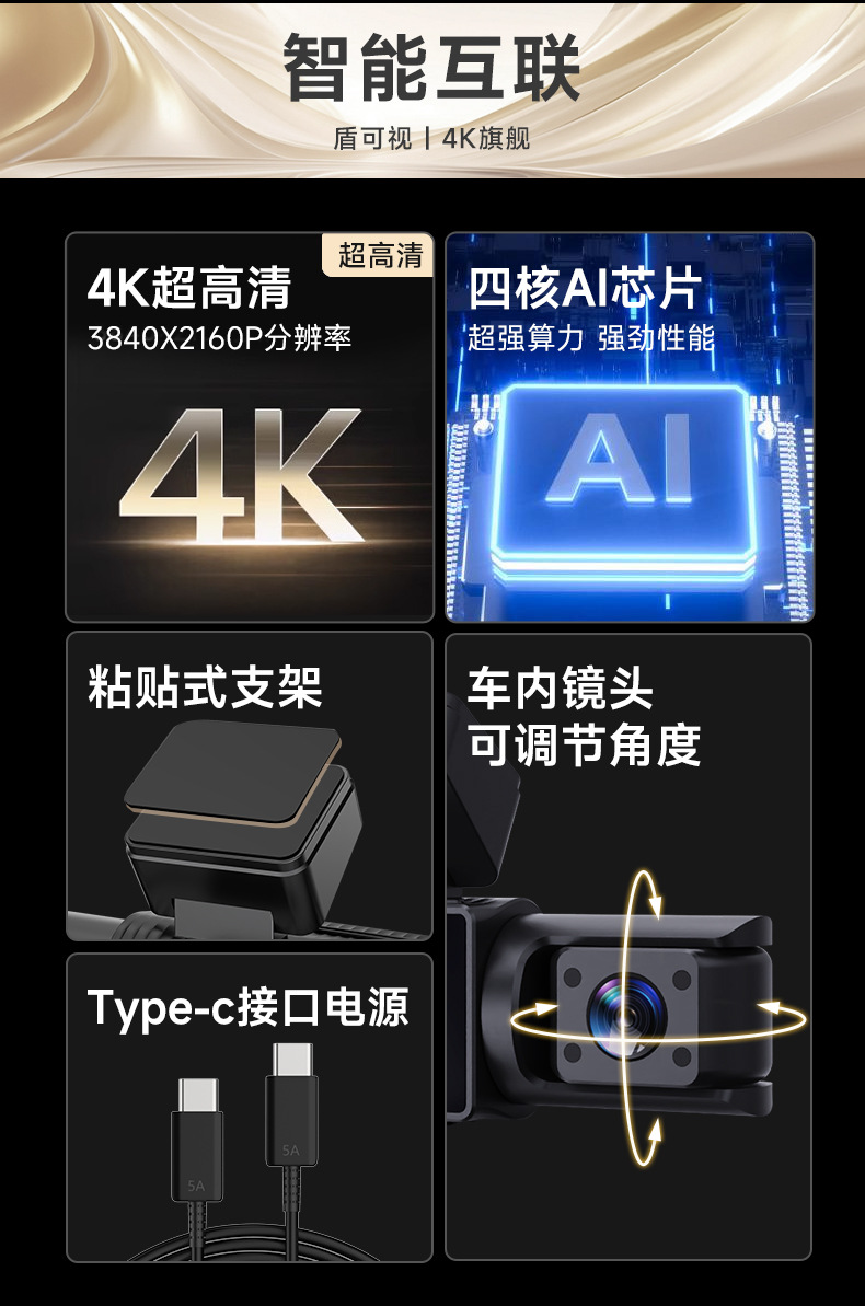 Three-Way In-Car Monitoring Dashcam with No-Wiring 4K High-Definition Dual Front and Rear Cameras, 3.2inch Screens, Wifi Connectivity