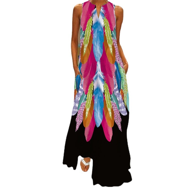 2024 mujeres de verano de moda sexy Impresión digital con cuello en V sin mangas vestido largo bolsillo europeo y americano vestido S-5XL