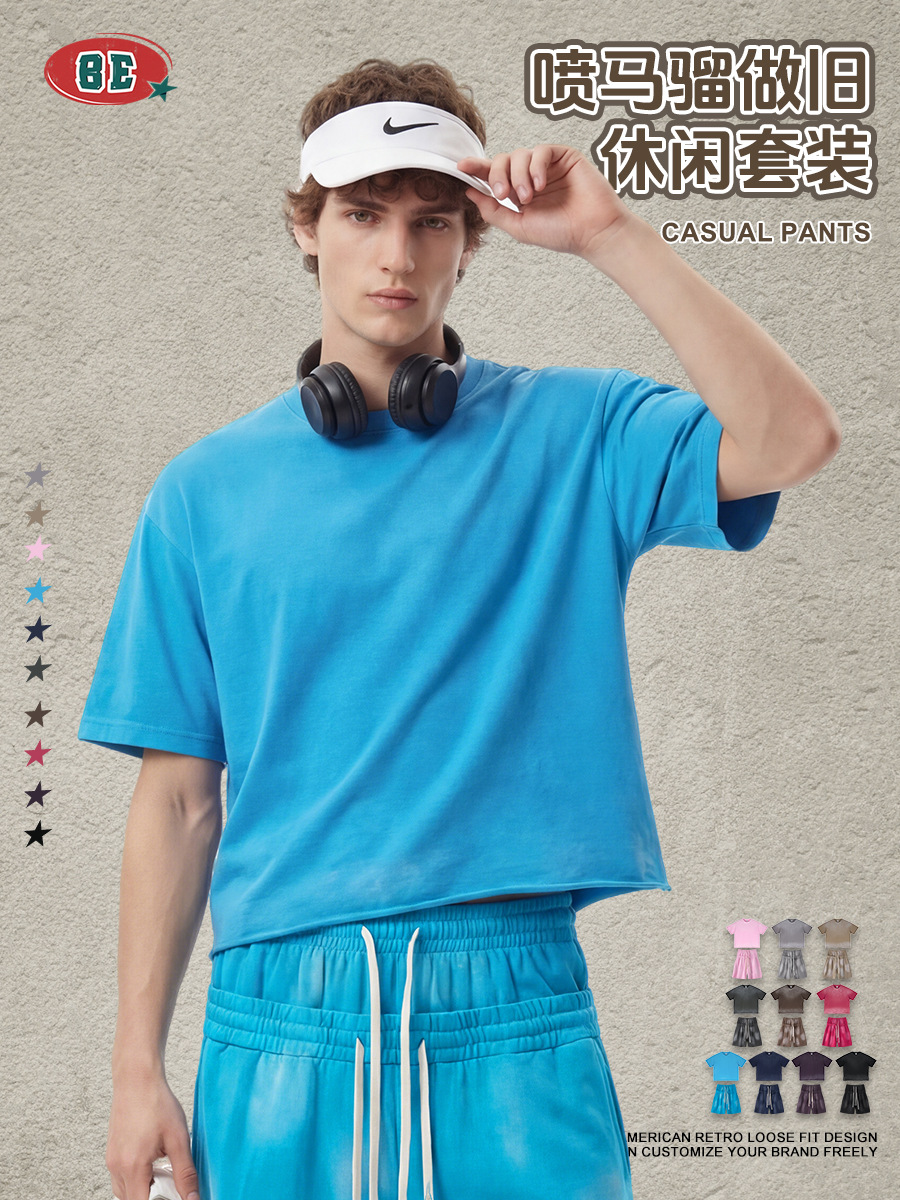 BE hombre americano retro callejera suelta boxy mangas cortas rectas de cintura doble cabeza pantalones cortos de dos piezas de juego de deportes al aire libre
