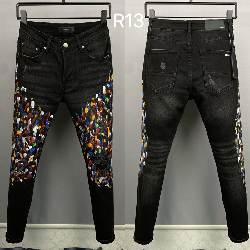 R13 colorful graffiti AM Aimi fashion brand jeans cross-border Men's straight Denim trousers European station slim fit Denim