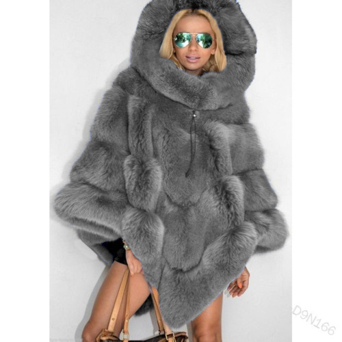 Cross-border supply 2023wish European and American solid color hooded imitation fur stitching loose jacket temperament commuting cloak for women