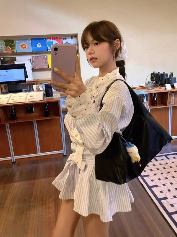 学院风蝴蝶结领带条纹衬衫连衣裙子女秋季小个子韩系穿搭高级感|undefined