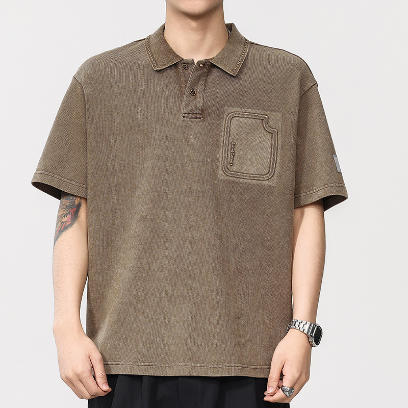 American Style Retro Heavy Washed Short-sleeved Polo Shirt Men's 2025 Summer Simple Loose plus size Lassel Casual Top