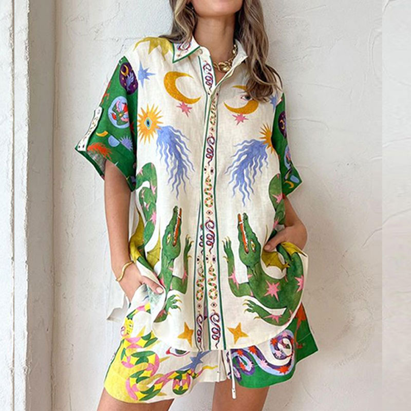 2026 New Spring Women's Clothing European American Fashion Outfit Loose Printed Short-Sleeve Cardigan And Shorts Set_ecoleips.com