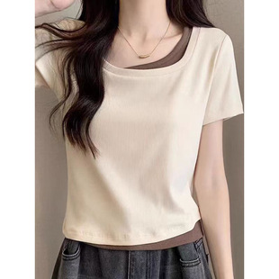 100% Cotton Splicing Fake Two-Piece Right Shoulder Short-Sleeved T-Shirt for Women Summer 2024 New Loose Slimming Look Belly-Covering Top