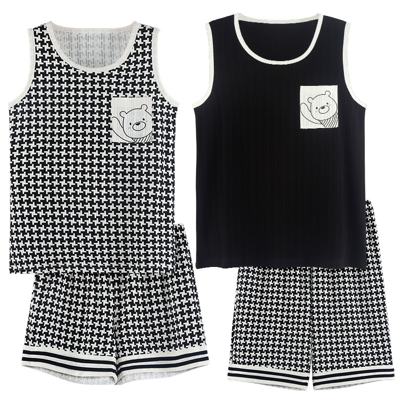 Algodón de punto de verano pareja pijama chaleco de mujer pantalones cortos delgados casuales lindos hombres y mujeres set de ropa de casa