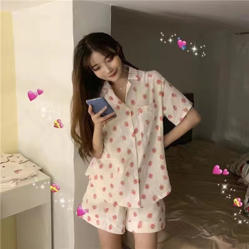 Pantalones cortos de manga corta de verano, pijamas de rebeca, damas, estilo de princesa de estudiante coreano, traje de casa de dibujos animados dulce y lindo