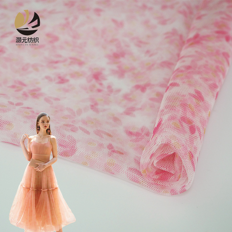 Nueva pequeña flor fresca impresa tela de malla tela de gaza vestido de ropa infantil vestido de princesa tela