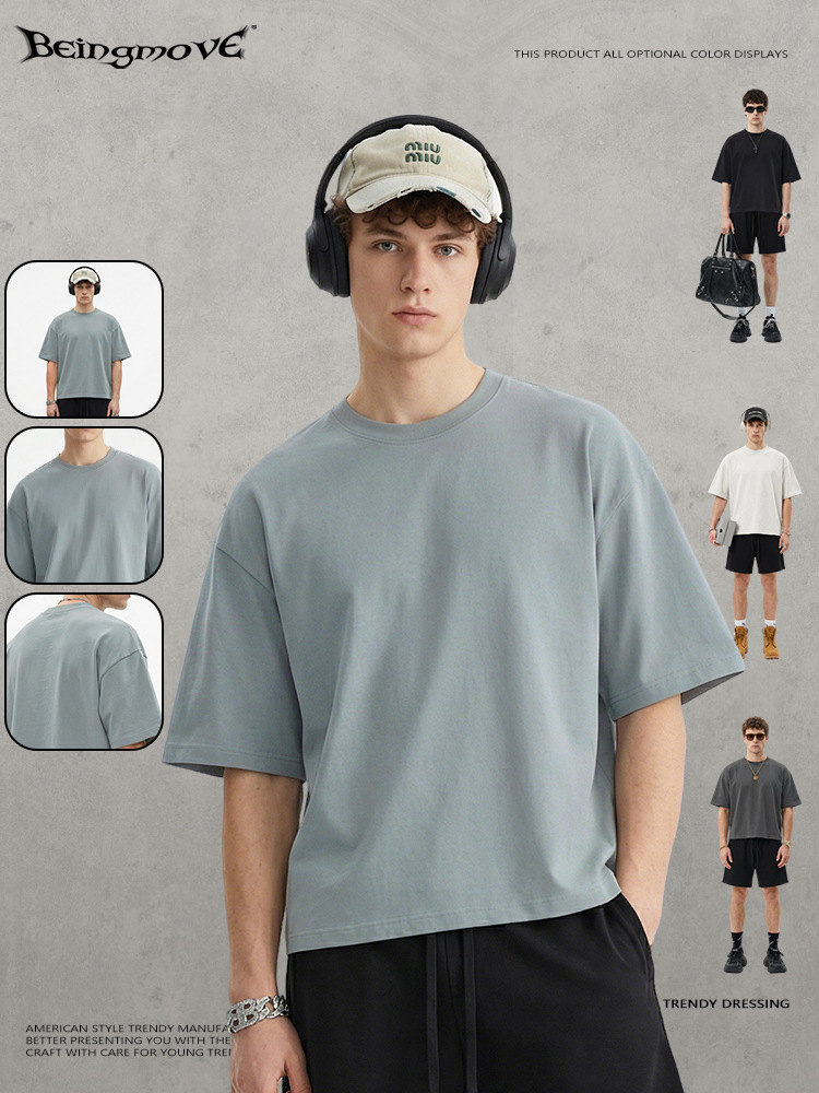 Calle secada| American Cross-Border Boxy Casual Suelta Camiseta de manga corta adolescente de color sólido de cuello redondo gran tops para hombres