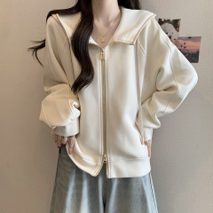 大きいサイズのアメリカの帽子のパーカーのコートの女性の春の新型の太ったmmはゆったりとしていて腹の双ファスナーのカーディガンの上着を遮ります。