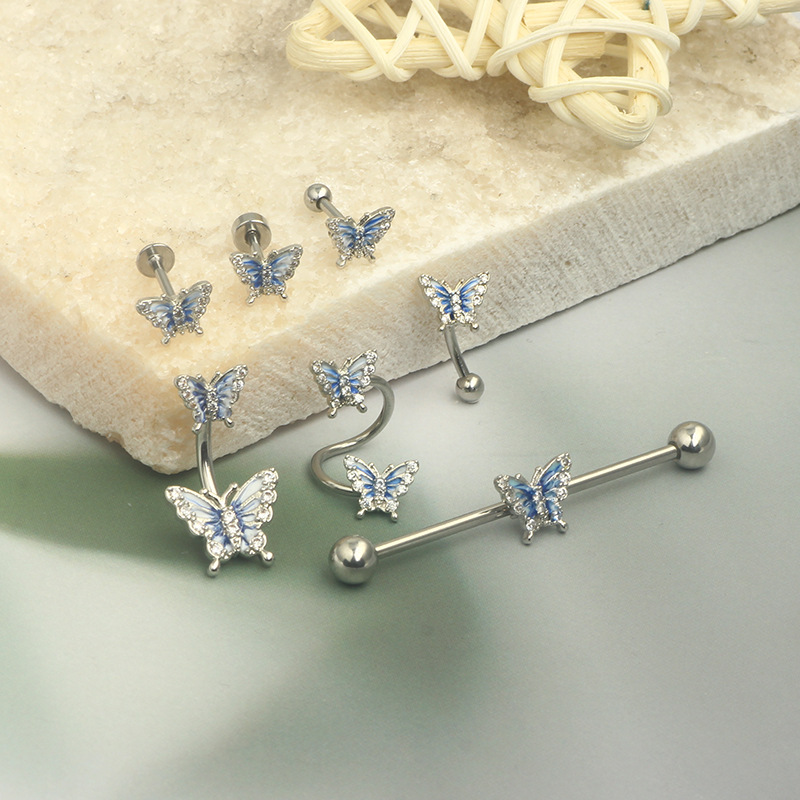 Oil Dripping Butterfly Star Navel Ring Set - 7Pcs Body Piercing Jewelry Stainless Steel detail image 7