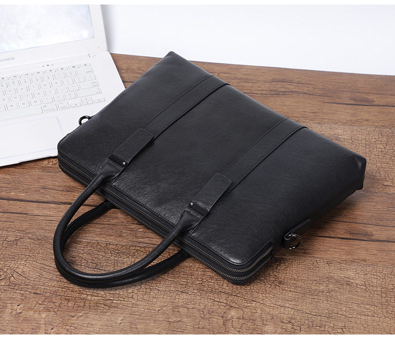 Túi xách tay nam công sở da bò thật hai ngăn khóa kéo, cặp mỏng đeo chéo một vai 39×7×29 cm — Màu đen chi tiết 4