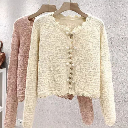 French-inspired gentle style: Spring hollowed-out crochet floral cardigan for women – versatile solid-color thin sweater with lace-trimmed collar and jacket-like design