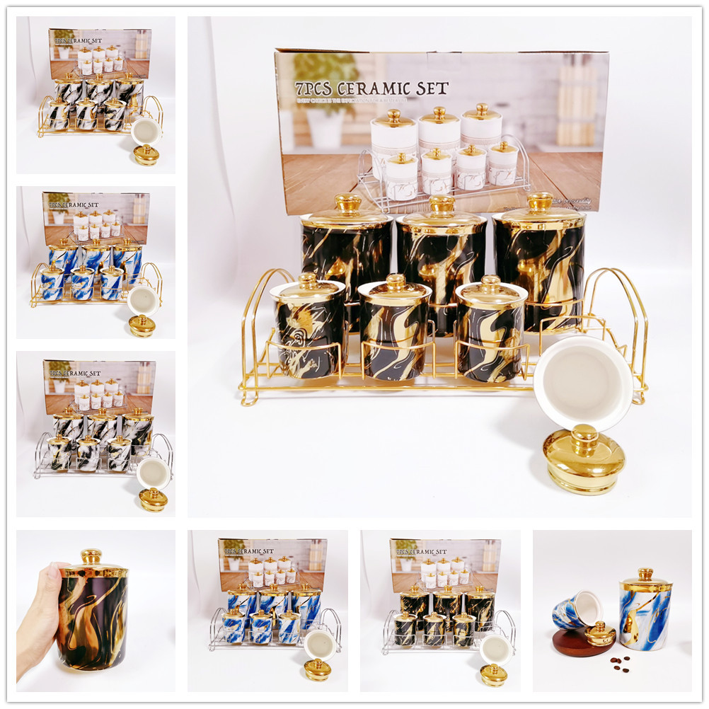 Cocina cerámica condimento tarro sellado con marco de hierro galvanoplastia calcomanías condimento tarro de café tarro de almacenamiento tarro traje