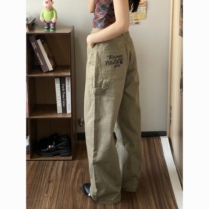 【广州新塘牛仔】复古字母刺绣宽松直筒工装牛仔裤女设计感阔腿长|undefined
