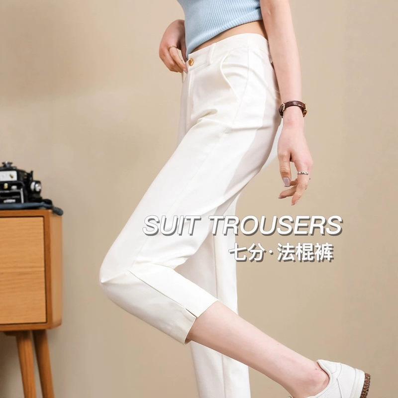 White Cropped Pants for Women, Summer Thin Style, 2026 New Model, Petite High-Waisted Slimming Mid-Length Pants, Ice Silk Suit-Style Baguette Pants White Cropped Pants for Women, Summer Thin Style, 2026 New Model, Petite High-Waisted Slimming Mid-Length Pants, Ice Silk Suit-Style Baguette Pants
