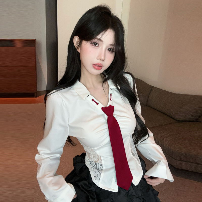 18Yx3695 European and American 2026 Cross-Border Foreign Trade French Lace Sweet and Spicy Shirt with Tie, Age-Reducing Slim-Fit Long-Sleeve Top