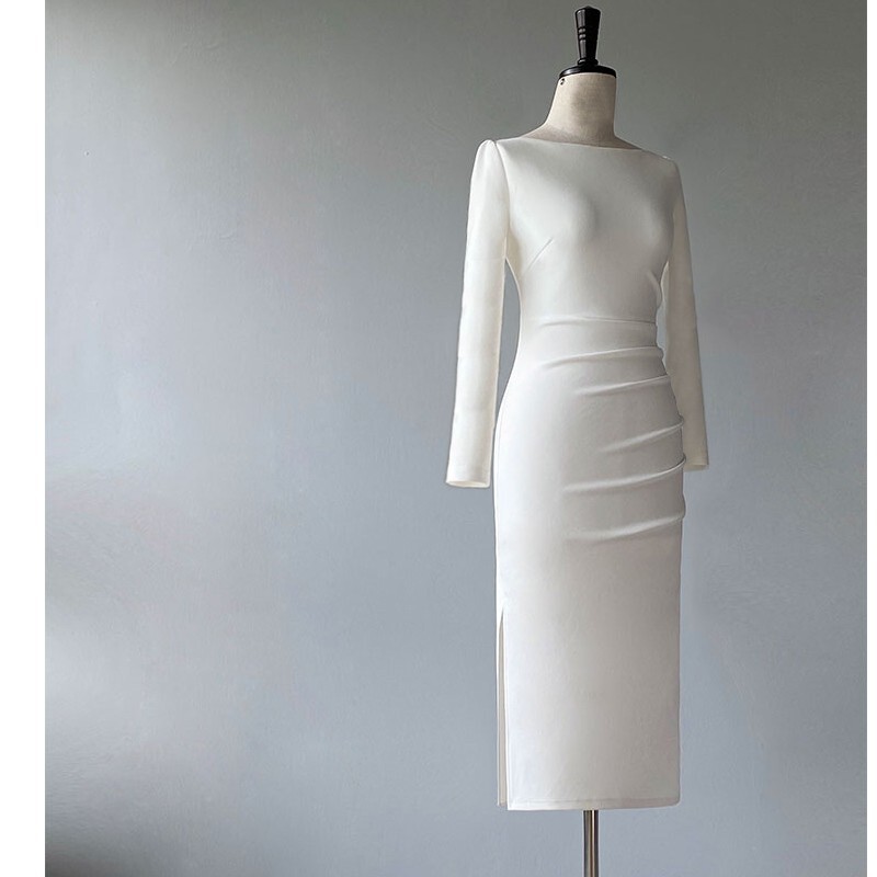 Autumn and Winter New High-end Sense Off-shoulder White Long-sleeved Dress Elegant Light Luxury Engagement Slimming Small Dress Skirt