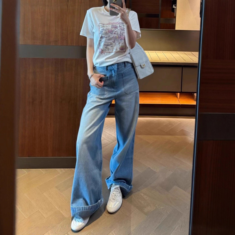 2025 New Style (Ready Stock Top Version) Fashionable Jacquard Lettering Washed Loose Slimming Reversible Denim Jeans for Women