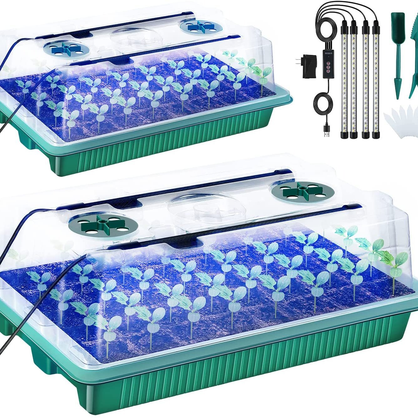 Nuevo espectro completo uno de cuatro lámpara de plántulas largas + 2 sets de maceta de plántulas un total de 80 agujeros que circulan la lámpara de la planta de tiempo Luz