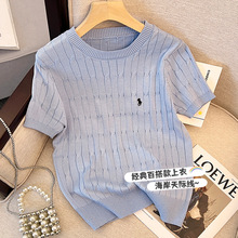 短袖女夏季韩版宽松蓝色针织t恤ins潮2024年新款港味复古冰丝上衣