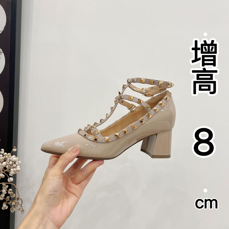 Increased 8cm Patent Leather Rivet Pointed High Heels Women's 2025 Spring New Sexy Foot Ring Buckle with Chunky Heel Single-layer Shoes