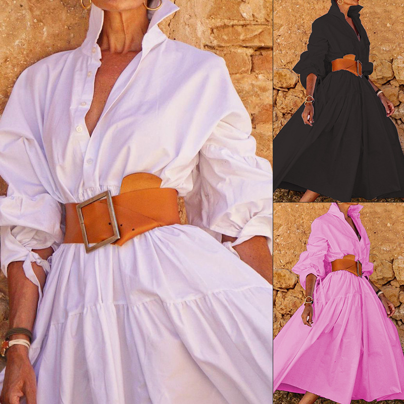 FD1072 spot 2023 autumn new cross-border women's fashion temperament lapel long sleeve casual long dress