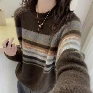 2026秋冬季新款纯羊毛撞色条纹针织女士毛衣提花百搭打底衫潮