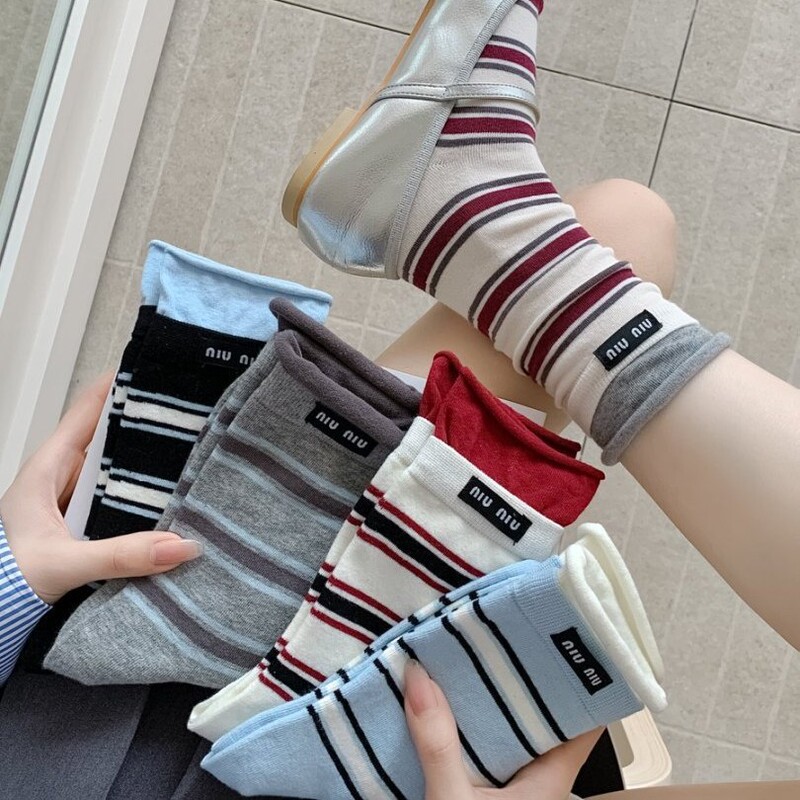Autumn and Winter Women's Socks New Striped Mid-Calf Socks Double Cuff Miu Series Color-Blocking Double Cuff Versatile Striped Socks for Women