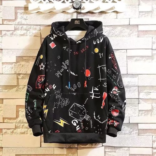Men's Hooded Sweatshirt, Hong Kong Style, Thin, Cool, Fashion Trend, Loose, Cartoon Graffiti, Streetwear, Youth Long-Sleeve Top
