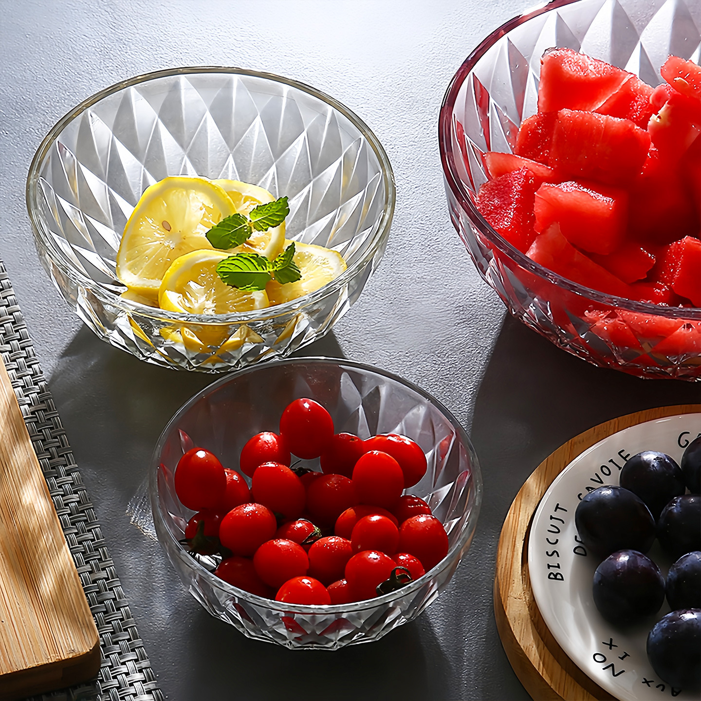Tazón de vidrio para ensalada transparente resistente a altas temperaturas creativo japonés de alto valor de postre cubiertos grandes tazones de sopa dulce tazón