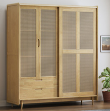 带抽屉实木藤编衣柜推拉门 简约侘寂风北欧复古衣橱 家用储物柜子