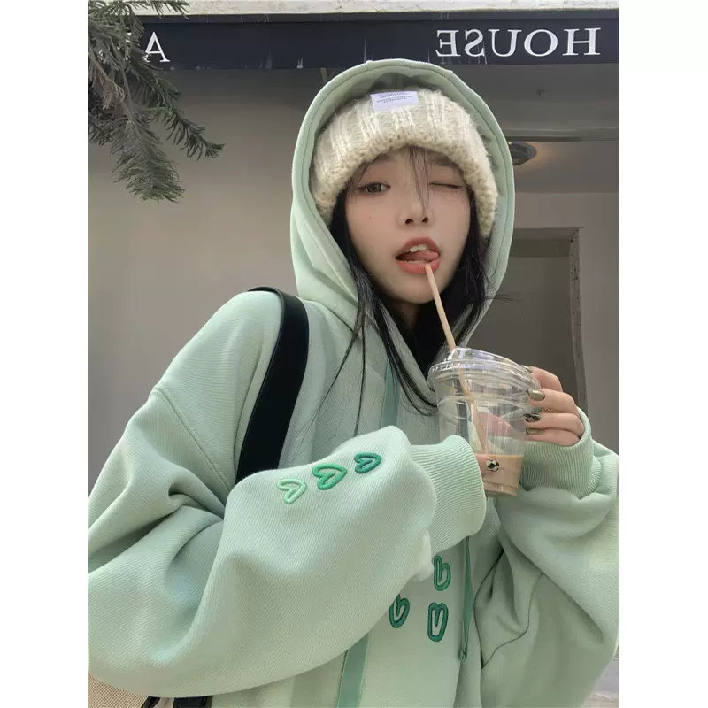 300克华棉复合卫衣外套女春秋季韩系宽松爱心刺绣ins休闲上衣
