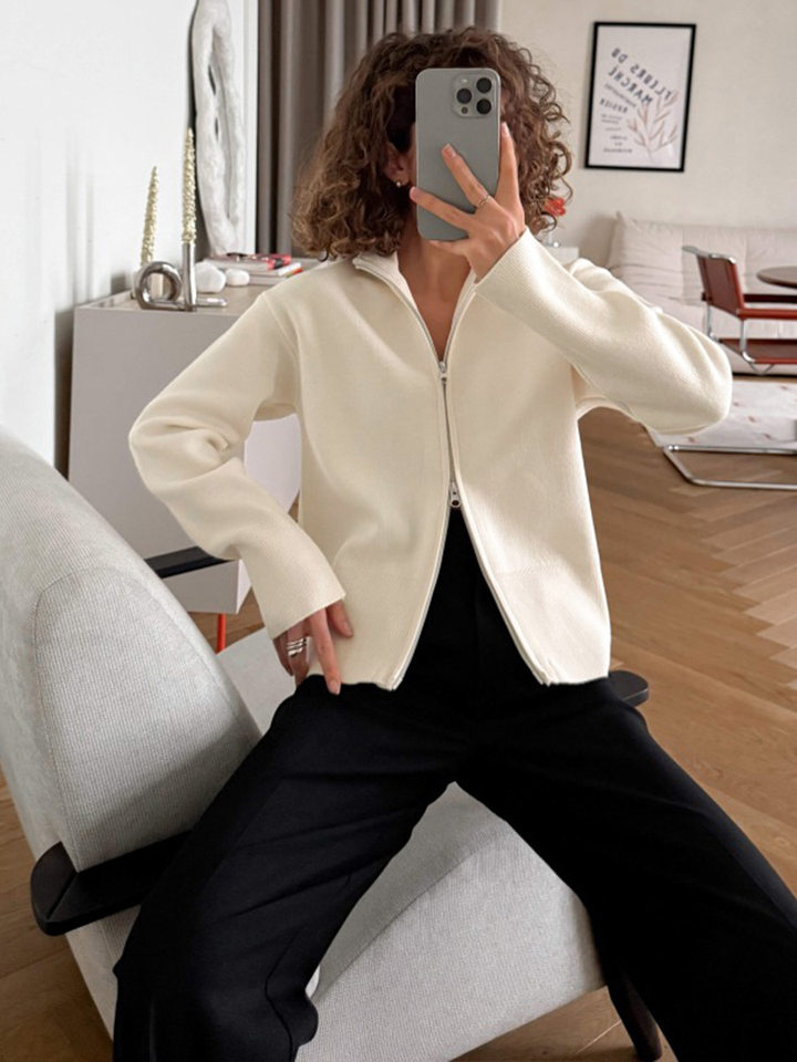Áo khoác cardigan len dệt kim cổ đứng khóa kéo hai chiều dài tay — Màu nâu cà phê, Màu trắng, màu đen, màu đỏ chi tiết 7