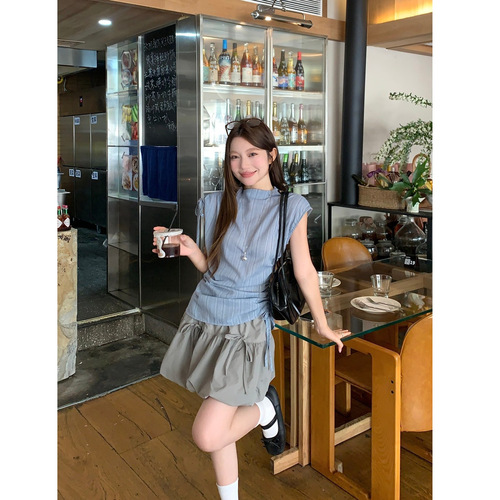 Blue French stripe drawstring strap shirt for women 2025 summer new sweet style trendy sleeveless top