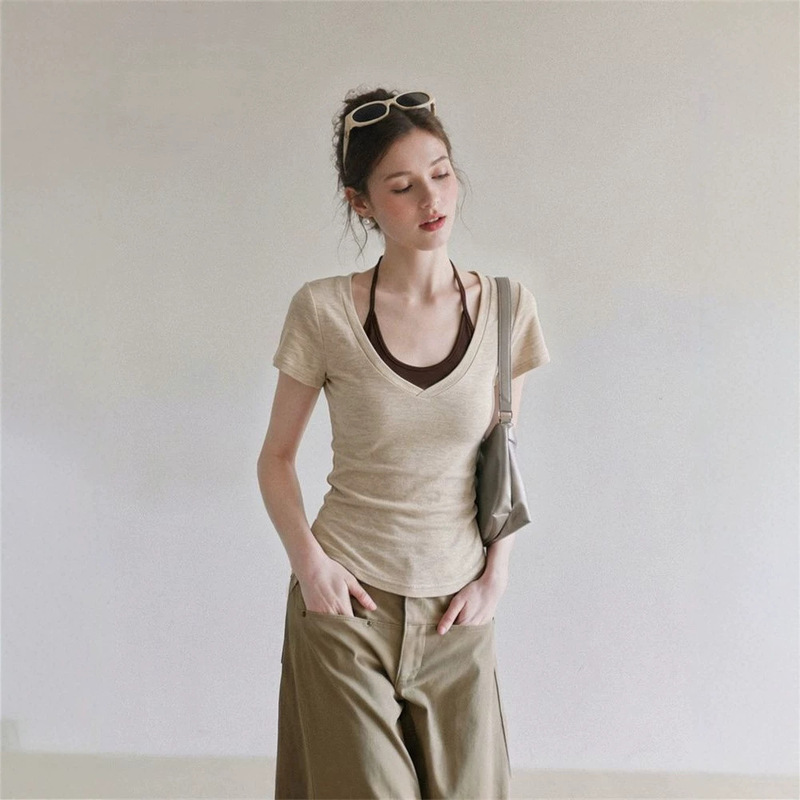 【Factory In-Stock】Snowflake Cotton High-End V-Neck Waist-Cinching Short-Sleeve T-Shirt for Women, Summer Two-Piece Halter Neck Tank Top