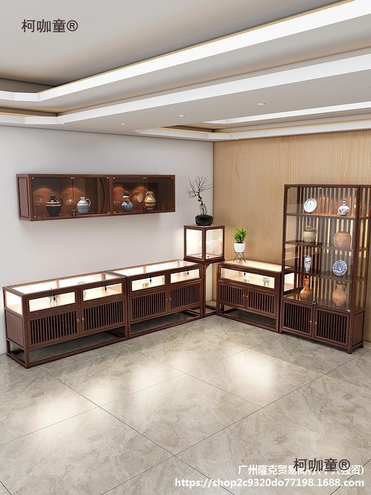 新中式实木珠宝展示柜玉器首饰玻璃展柜精品货架陈列柜中岛麦太保