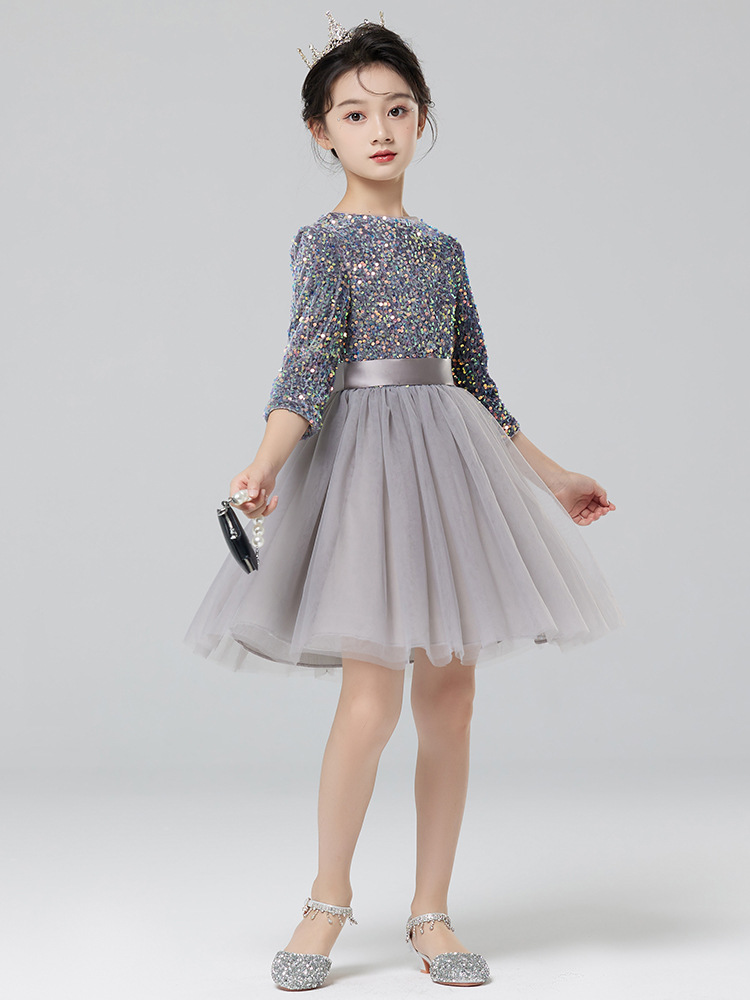 Vestidos para niños, vestidos de princesa de alta gama para niñas, vestidos de interpretación de piano gris, vestidos cortos de manga larga para niños