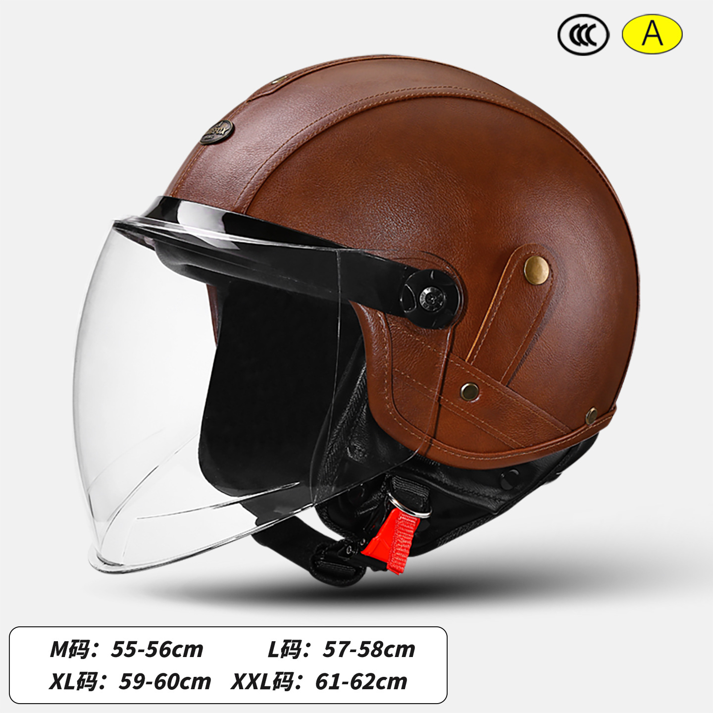 Motosiklet kaskı (dəbilqə) – Motuoche Motorcycle Half Helmet - leather-surface-brown-long-transparent-lens-size-m-55-56cm