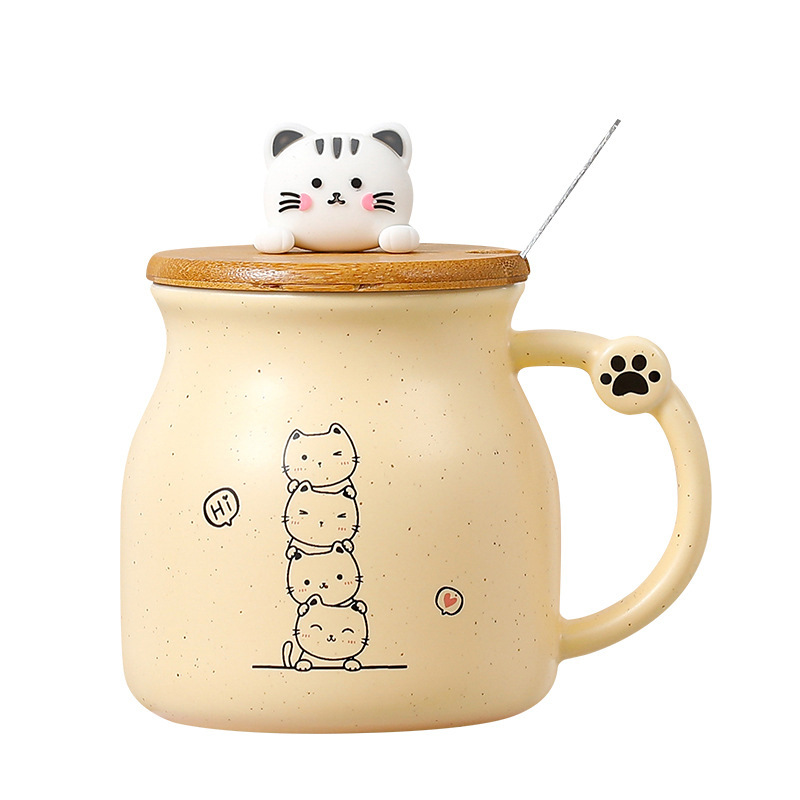 Taza de gato con tapa cuchara cerámica taza leche los niños lindos regalo cumpleaños
