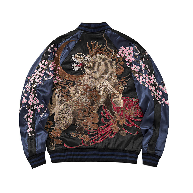 Cross-Border National Trend New Chinese Style Reversible Unicorn Embroidery Baseball Jacket Men's Satin Heavy-Duty Couple's Coat Top