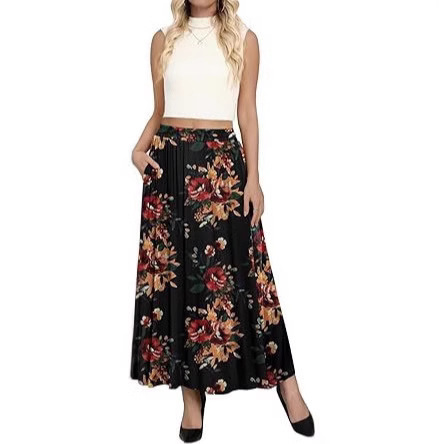 2025 Women's Elegant Long Skirt with Pleats, High Waist, Pocket Design, Suitable for All Seasons, Slimming High Waist