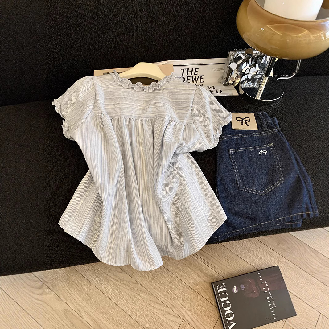 Cute lace summer blue shirt with bow
