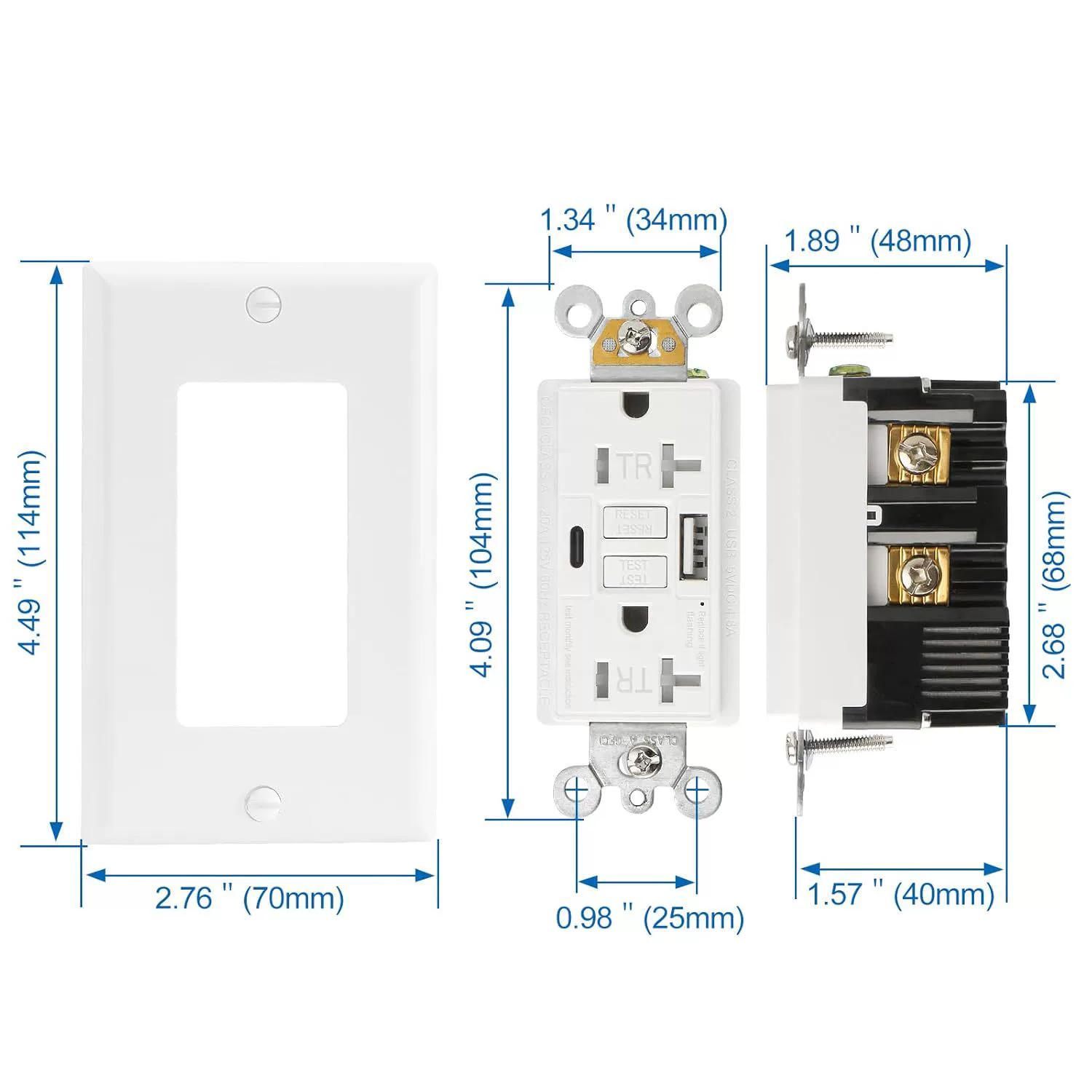 Выключатель с заземлением 20А125В по стандарту США с USB Type C interruptor