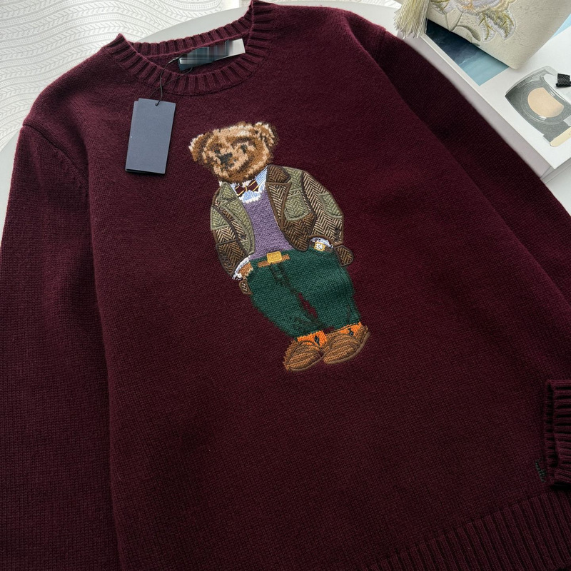 Rl/Scanable 25 New Wool Bear Heavy Embroider Cartoon Round Neck Knitwear for Men and Women