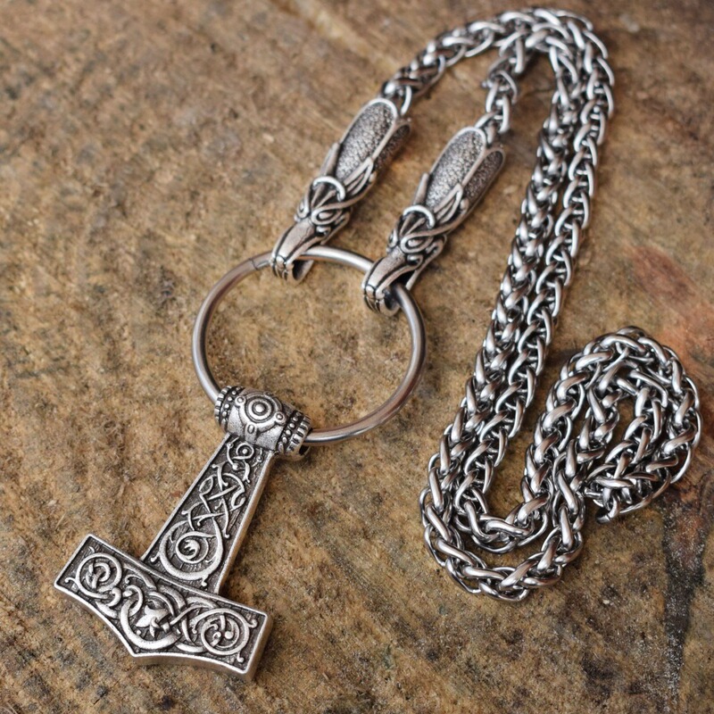 Viking Thor's Hammer Mjolnir Scandinavian Pendant Necklace Nordic Dragon Style Amulet
